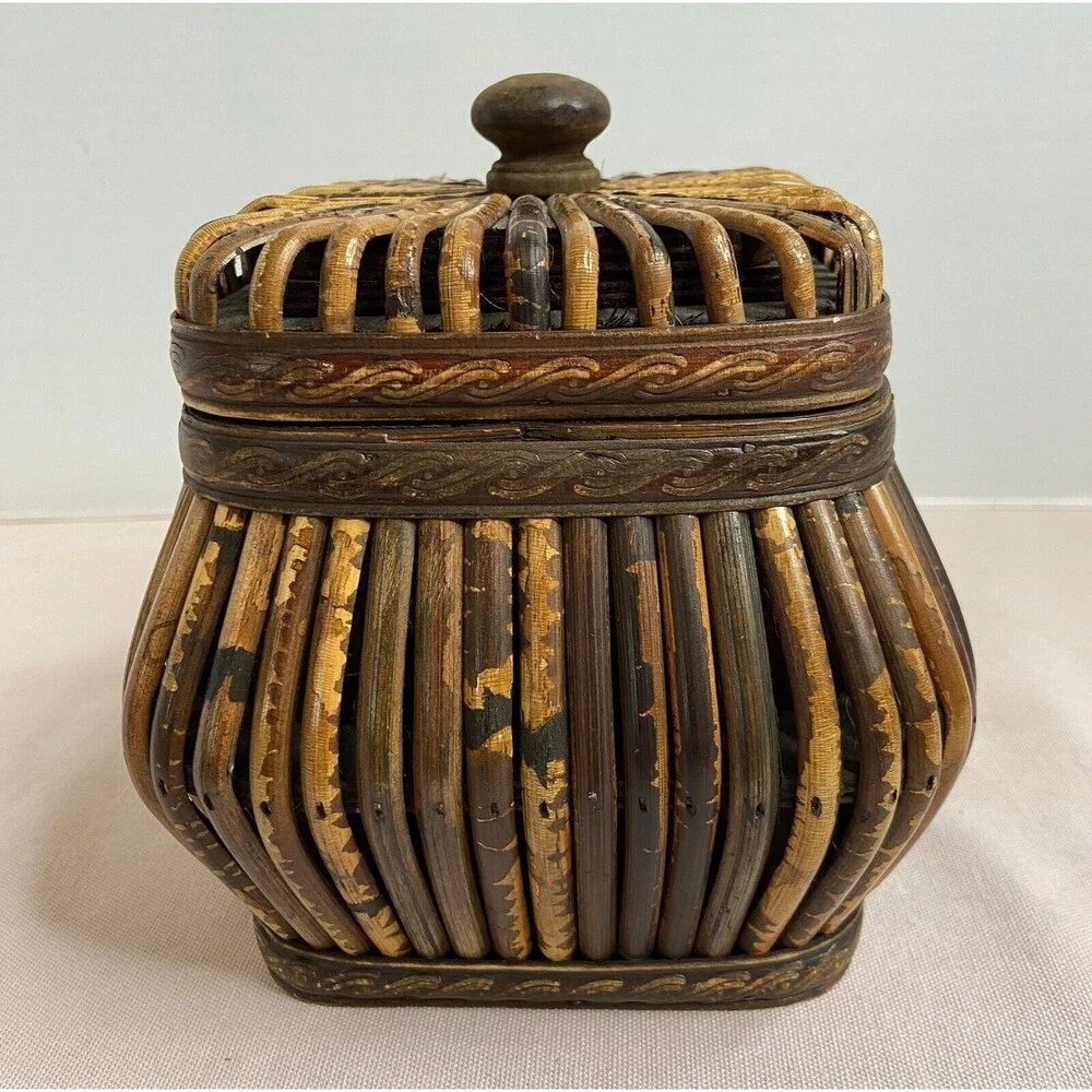 Vintage Wood Rattan Brown Tan Canister Container Intricate Design With Lid